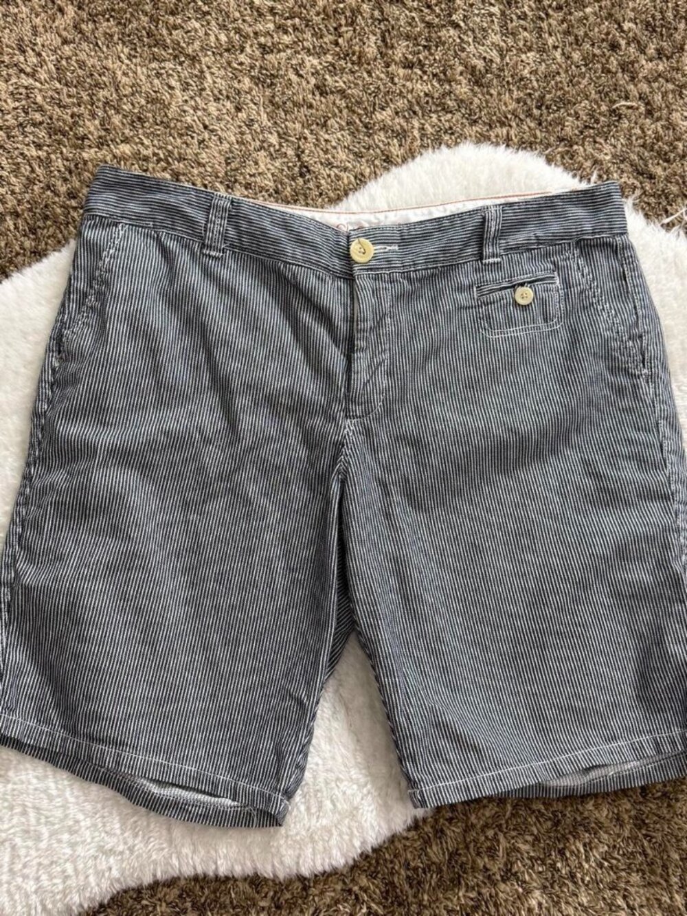 Preppy girly grunge blue and white pinstriped mid rise long shorts